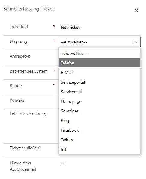Unter dem Dropdown "Ursprung" kann Telefon, E-Mail, Serviceportal, Servicemail, Homepage, Sonstiges, Blog, Facebook, Twitter oder IoT ausgewählt werden.