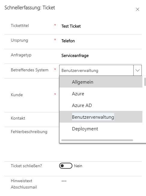 Das Bild zeigt die Schnellerfassung des Ticket. Unter dem Punkt "Betreffendes System" können Allgemein, Azure, Azure AD, Benutzerverwaltung, Deployment und viele weitere gewählt werden.