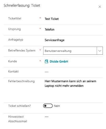 Das Bild zeigt eine Übersicht des zu erstellenden Ticket.