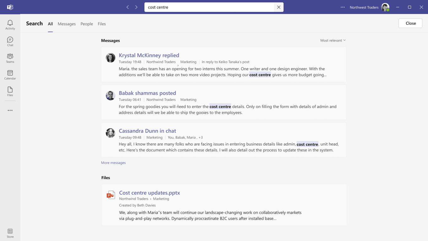 Click on search message results to view the entire chat conversation history